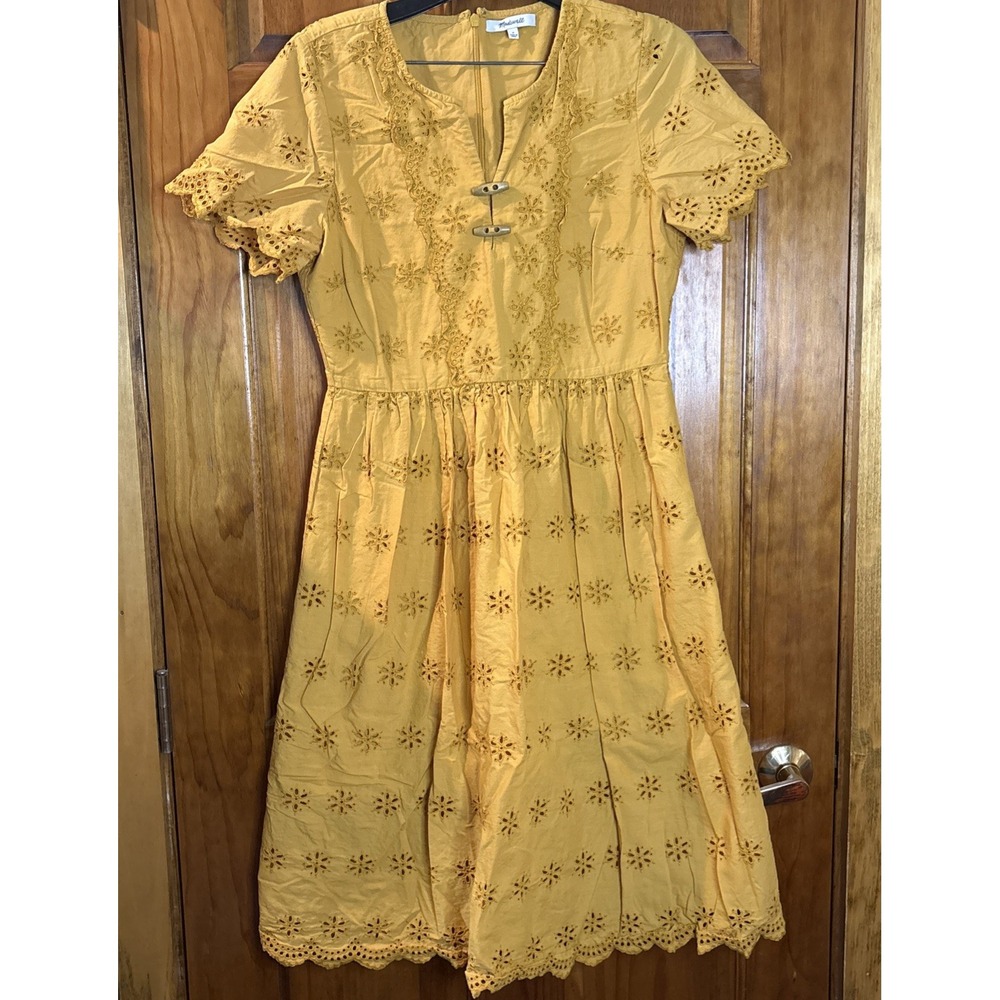Madewell Mustard Yellow Eyelet Cotton A-Line Dress Size 8 Wood Buttons